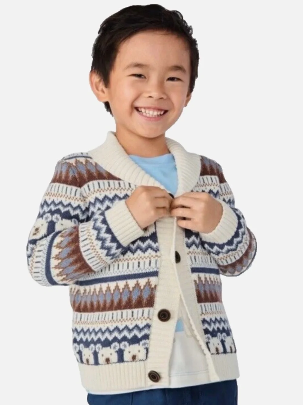 Gymboree Sz 8 Kid Boys Polar Bear Fairisle Knit Cardigan Bear Hugs Blue